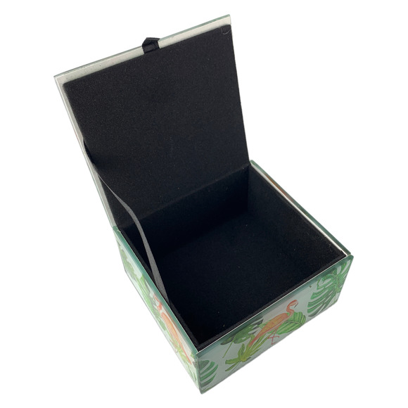 Flamingo Keepsake Box Jewelry & Trinkets, Beveled Glass, Hinged Lid, Lined 4"SQ - Picture 4 of 6